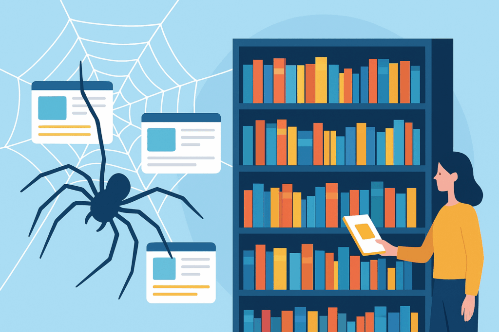 クローラーが蜘蛛の糸のようにウェブサイト間を移動し、情報を集めているイラスト。集められた情報が巨大な本棚(データベース)に整理され、最後にユーザーの検索に対して、本棚から最適な本(ウェブサイト)が選ばれている様子。